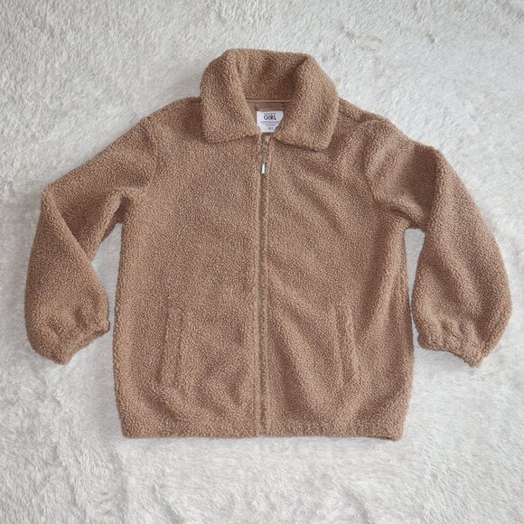 Athleta Girl Size XL 14 Teddy Fleece Jacket Coat, Brown Tan Woods Khaki Like New - Picture 2 of 9